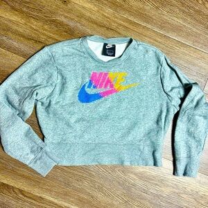 Nike Gray Cropped Sweatshirt with Cross-stitched Vibrant Logo Women’s Small